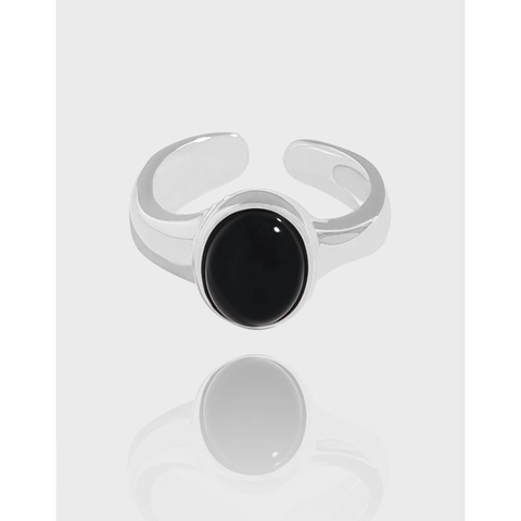 S925 Sterling Silver Black Onyx Open Ring For Women Minimalist Geometric Oval Adjustable Finger Ring Vintage Luxury Jewelry Gift