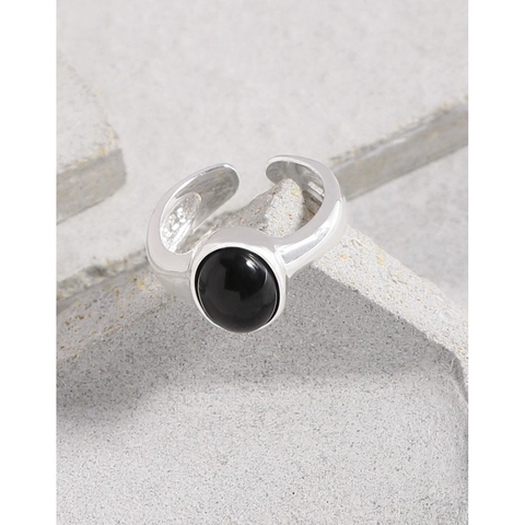 S925 Sterling Silver Black Onyx Open Ring For Women Minimalist Geometric Oval Adjustable Finger Ring Vintage Luxury Jewelry Gift