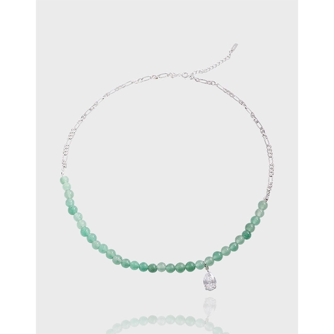 Koreanischer Stil 925 Sterlingsilber Grüner Aventurin Halskette Nischen-Luxus-Design Wassertropfen Zirkonia Anhänger Kette