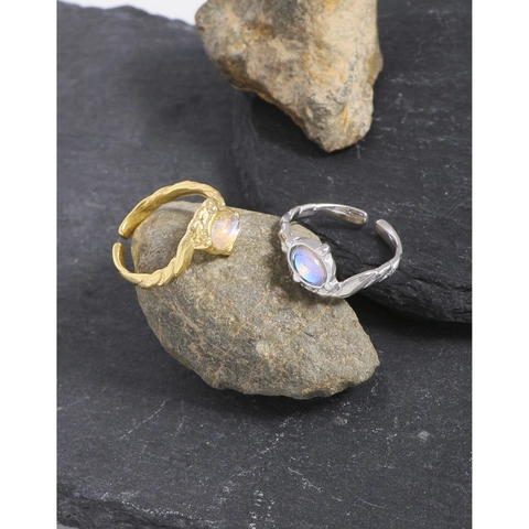 Anillo Abierto de Plata de Ley 925 con Piedra Lunar para Mujer Minimalista Textura Irregular Anillo Ajustable Joyería