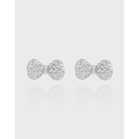 Pendientes de Botón con Lazo de Plata de Ley S925 para Mujer Pavé de Circonia Minimalista Elegante Bañado en Oro Blanco Joyería de Moda
