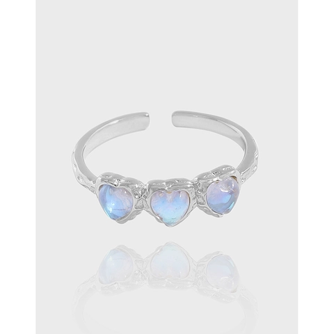 Anello in Argento Sterling 925 con Pietra di Luna a Cuore per Donna Trama Martellata Vintage Anello Aperto Regolabile