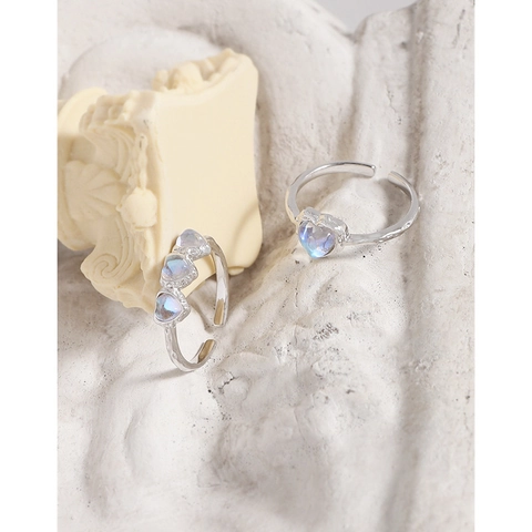 Anello in Argento Sterling 925 con Pietra di Luna a Cuore per Donna Trama Martellata Vintage Anello Aperto Regolabile