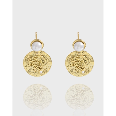 925 Sterling Silver Earring Post Artificial Pearl Hammered Coin Relief Rhinestone Earrings For Women French Vintage Luxury Jewelry