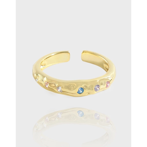 Bague Ouverte en Argent Sterling 925 pour Femme Design Niche Texture Martelée Micro Incrustée Zirconia Colorée Bijoux