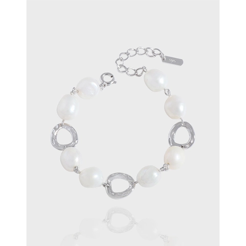 Pulsera de Plata de Ley 925 con Perlas de Agua Dulce Barrocas para Mujer Cadena de Eslabones de Círculos Geométricos Irregulares