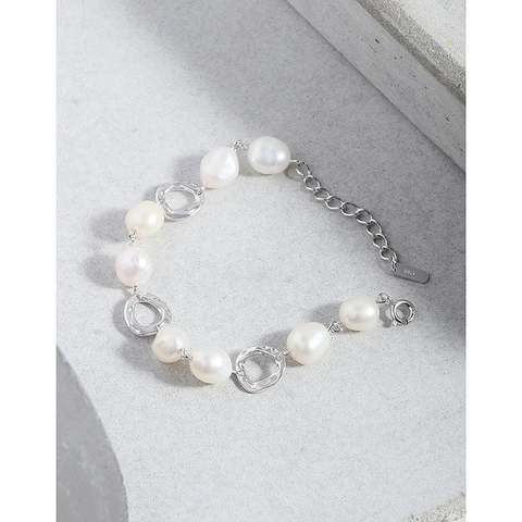 Pulsera de Plata de Ley 925 con Perlas de Agua Dulce Barrocas para Mujer Cadena de Eslabones de Círculos Geométricos Irregulares