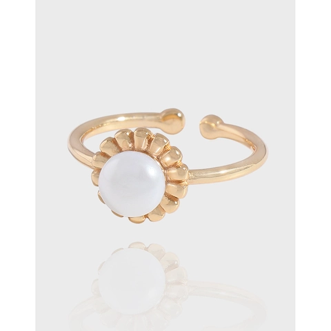 Elegant 925 Sterling Silver Pearl Ring For Women Champagne Gold Adjustable Open Flower Ring Artificial Pearl Jewelry