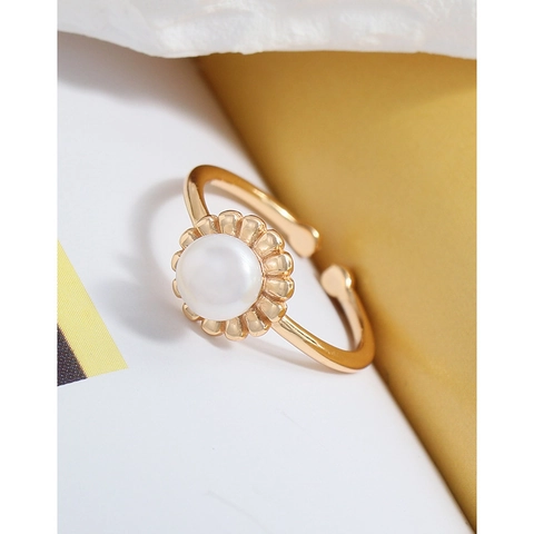 Elegant 925 Sterling Silver Pearl Ring For Women Champagne Gold Adjustable Open Flower Ring Artificial Pearl Jewelry