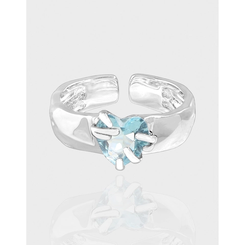 Plata de Ley S925 Corazón Irregular Circonia Azul Anillo Abierto Ajustable Textura Metal Líquido Martillado Joyería Minimalista para Mujeres