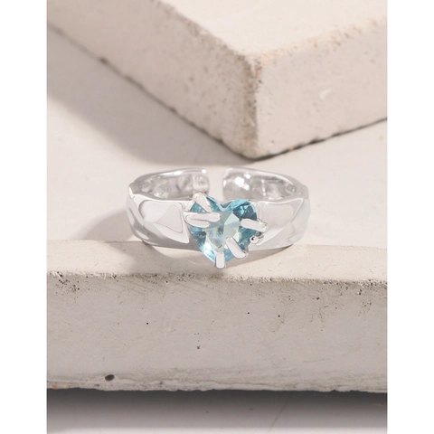 Plata de Ley S925 Corazón Irregular Circonia Azul Anillo Abierto Ajustable Textura Metal Líquido Martillado Joyería Minimalista para Mujeres