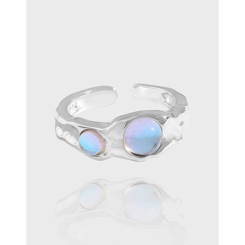 Anello Aperto in Argento Sterling S925 per Donna Texture Gualcita Irregolare Intarsio di Pietra di Luna Regolabile Gioielli