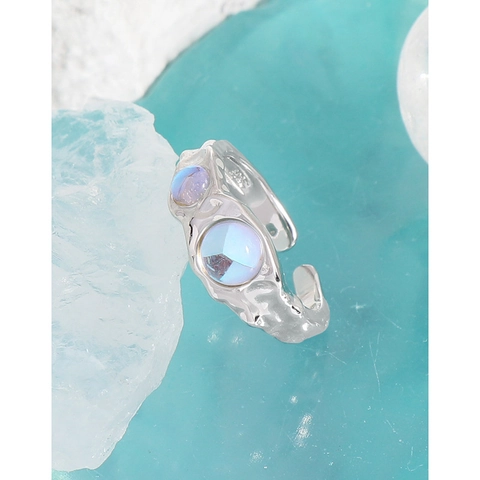 Anello Aperto in Argento Sterling S925 per Donna Texture Gualcita Irregolare Intarsio di Pietra di Luna Regolabile Gioielli