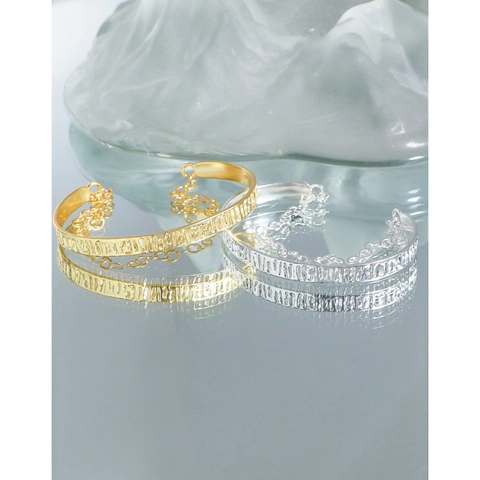 Bracciale Aperto Martellato in Argento Sterling S925 Con Maglia a Catena Bracciale Rigido Testurizzato Minimalista Stile Coreano