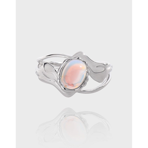 Anello Aperto Regolabile in Argento Sterling S925 Con Pietra di Luna per Donna Gioiello da Dito Stile Metallo Liquido Minimalista