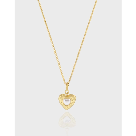 Collana con Ciondolo a Cuore in Argento Sterling 925 Con Perla Artificiale Placcato Oro Texture Martellata Gioielli Donna