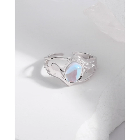 Anello Aperto Regolabile in Argento Sterling S925 Con Pietra di Luna per Donna Gioiello da Dito Stile Metallo Liquido Minimalista
