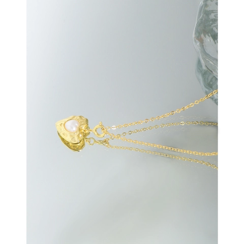 Collana con Ciondolo a Cuore in Argento Sterling 925 Con Perla Artificiale Placcato Oro Texture Martellata Gioielli Donna