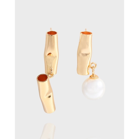 Pendientes de Botón Asimétricos Aleación Perla Artificial Nudo de Bambú Poste Plata 925 Oro Champaña Joyería Mujer