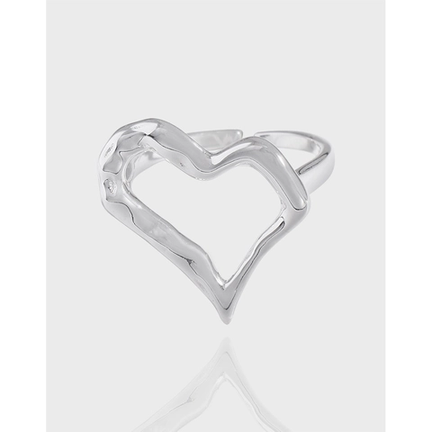 925 Sterling Silver Irregular Heart Open Ring For Women Minimalist Liquid Metal Style Wrinkled Adjustable Finger Ring Jewelry