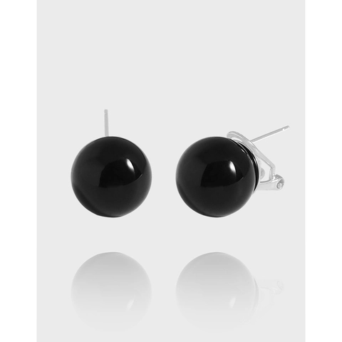 Orecchini a Bottone in Argento Sterling 925 con Sfera di Onice Nero per Donna Gioielli Minimalisti a Sfera Rotonda Design di Lusso Coreano