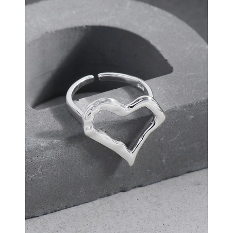 925 Sterling Silver Irregular Heart Open Ring For Women Minimalist Liquid Metal Style Wrinkled Adjustable Finger Ring Jewelry