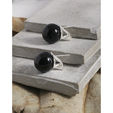 Orecchini a Bottone in Argento Sterling 925 con Sfera di Onice Nero per Donna Gioielli Minimalisti a Sfera Rotonda Design di Lusso Coreano