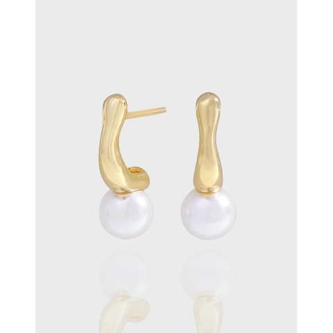 Orecchini a Bottone con Perle Artificiali in Argento Sterling S925 per Donna Design Geometrico Irregolare Minimalista Coreano