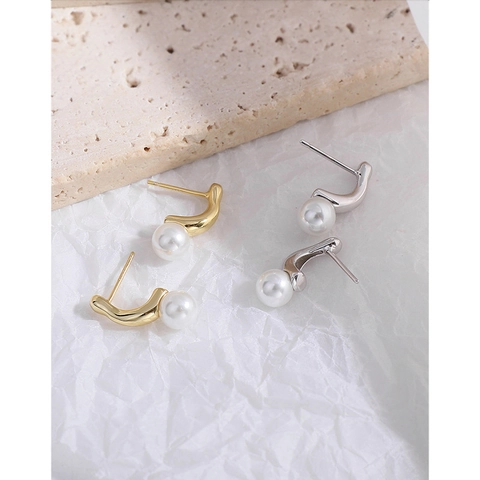 Orecchini a Bottone con Perle Artificiali in Argento Sterling S925 per Donna Design Geometrico Irregolare Minimalista Coreano