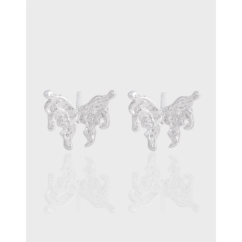 925 Sterling Silver Butterfly Stud Earrings For Women Minimalist Liquid Metal Texture Shiny Silver Small Piercing Jewelry