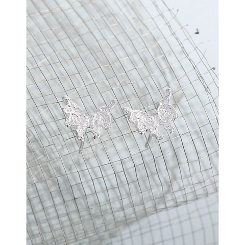 925 Sterling Silver Butterfly Stud Earrings For Women Minimalist Liquid Metal Texture Shiny Silver Small Piercing Jewelry