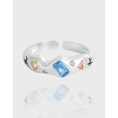 Anillo Ajustable de Plata de Ley 925 Estilo INS Coreano Con Circonia de Colores Incrustada Anillo de Diseñador de Ondas Irregulares Mujer