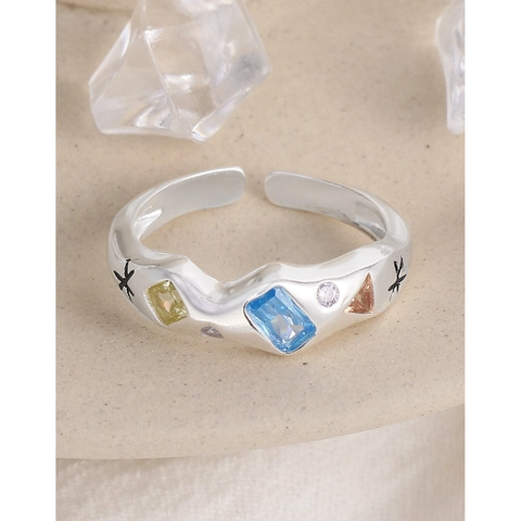 Anillo Ajustable de Plata de Ley 925 Estilo INS Coreano Con Circonia de Colores Incrustada Anillo de Diseñador de Ondas Irregulares Mujer
