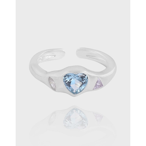 S925 Sterling Silver Heart Zirconia Adjustable Opening Ring For Women Korean Style Geometric Inlaid Minimalist Jewelry Ring