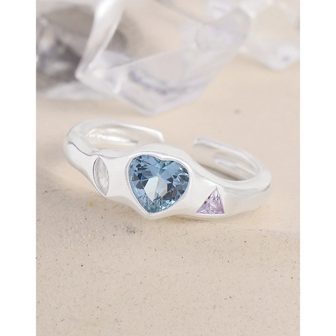 S925 Sterling Silver Heart Zirconia Adjustable Opening Ring For Women Korean Style Geometric Inlaid Minimalist Jewelry Ring