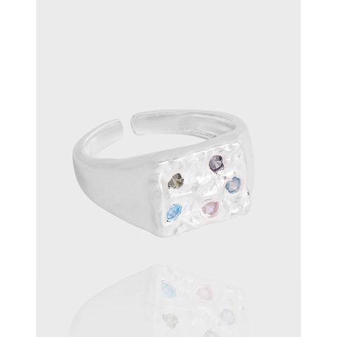 925 Sterling Silver Adjustable Ring For Women Vintage Hammered Texture Multi Color Rhinestone Open Ring Fashion Jewelry Gift