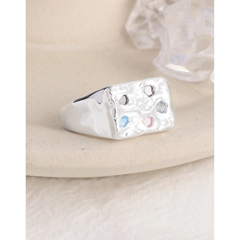 925 Sterling Silver Adjustable Ring For Women Vintage Hammered Texture Multi Color Rhinestone Open Ring Fashion Jewelry Gift