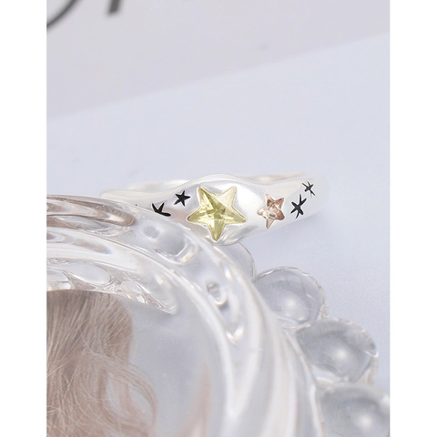 S925 Sterlingsilber Geometrischer Stern Ring Für Damen Koreanisch INS Gelb Rosa Zirkonia Eingelegt Verstellbar Schmuck