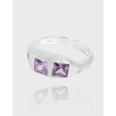 Anello Regolabile Aperto in Argento Sterling S925 per Donna Texture Martellata Irregolare Zirconia Viola Micro-Intarsiato Anello di Moda