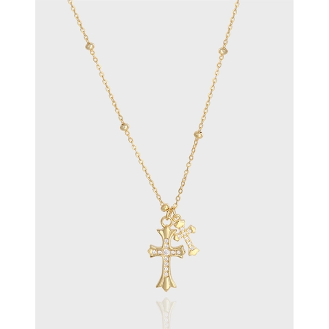 925 Sterling Silver Double Cross Pendant Necklace For Women Sparkling Zirconia Beads Chain Clavicle Necklace Dainty Jewelry