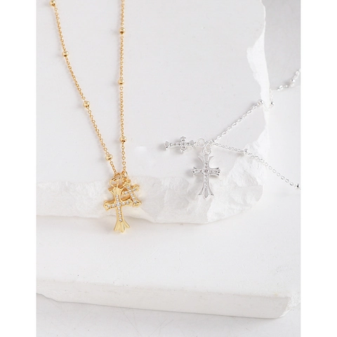 925 Sterling Silver Double Cross Pendant Necklace For Women Sparkling Zirconia Beads Chain Clavicle Necklace Dainty Jewelry