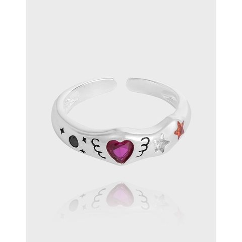 925 Sterling Silver Heart Rhinestone Open Ring Vintage Y2K Sweet Cool Wing Star Adjustable Fashion Finger Ring For Women Jewelry Gift