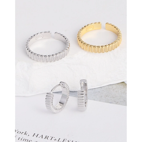 S925 Sterling Silver Open Ring For Women Minimalist Geometric Vertical Stripe Gear Adjustable Finger Ring Jewelry Gift