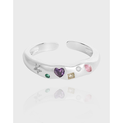 Anello Aperto in Argento Sterling 925 Con Zirconia Multicolore Per Donna Design Martellato a Onda Irregolare Anello Regolabile Gioielli Moda Regalo