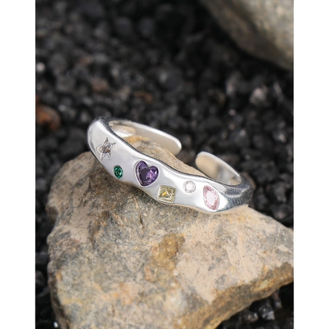 Anello Aperto in Argento Sterling 925 Con Zirconia Multicolore Per Donna Design Martellato a Onda Irregolare Anello Regolabile Gioielli Moda Regalo