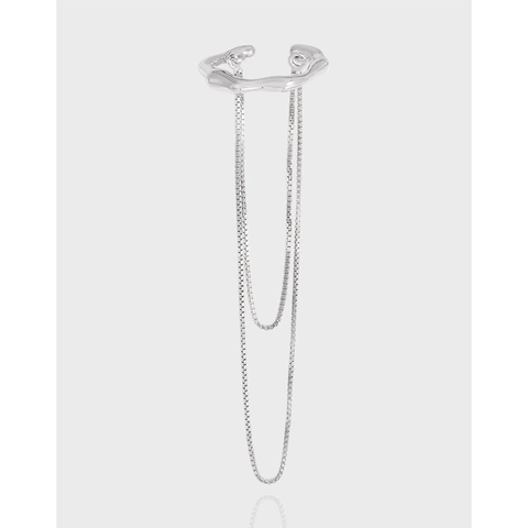 S925 Sterling Silver Long Tassel Ear Cuff For Women Minimalist Double Box Chain Wave Non-Piercing Clip Earrings