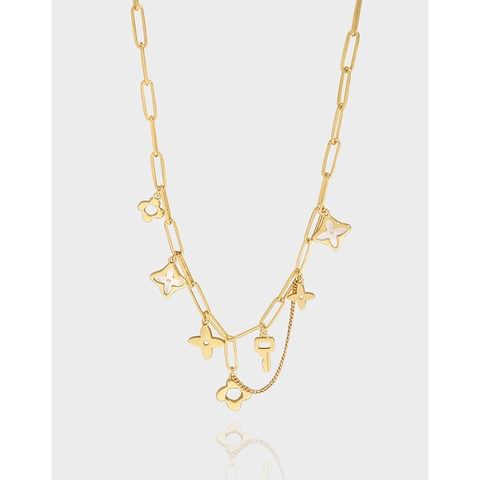 Women 925 Sterling Silver Gold Plated Pendant Necklace Multi Charm Flower Clover Key Star Fashion Jewelry Clavicle Chain
