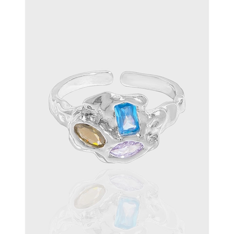 925 Sterling Silver Irregular Lava Texture Open Ring With Colorful Rhinestones For Women Korean Minimalist Luxury Jewelry