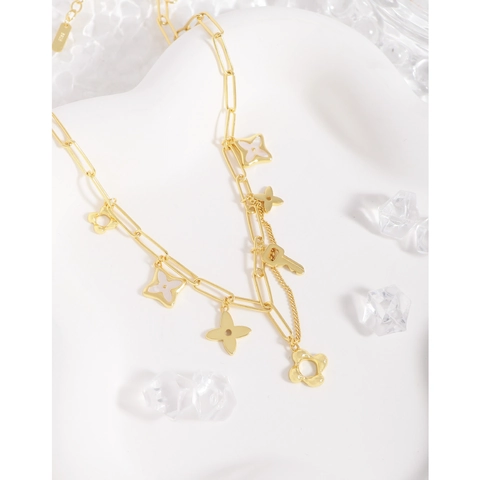 Women 925 Sterling Silver Gold Plated Pendant Necklace Multi Charm Flower Clover Key Star Fashion Jewelry Clavicle Chain