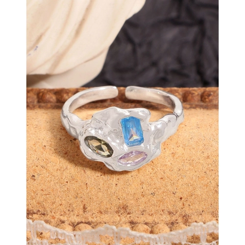 925 Sterling Silver Irregular Lava Texture Open Ring With Colorful Rhinestones For Women Korean Minimalist Luxury Jewelry